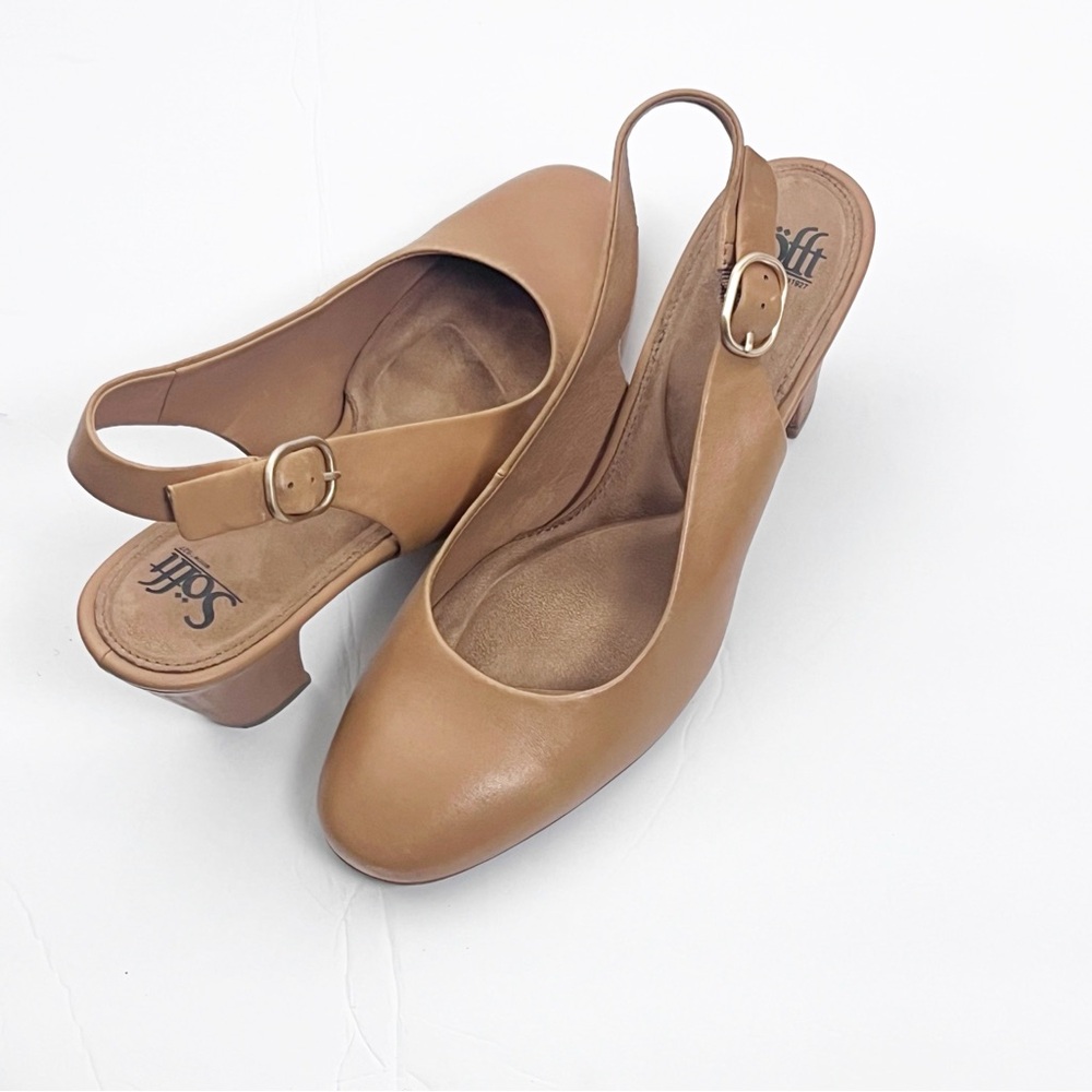 SOFFT Tan Leather Upper Adjustable Ankle Straps Almond Toe Slingback Heels 9.5M